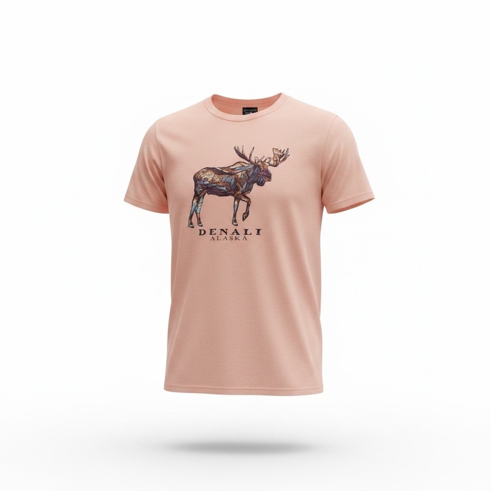 Prairie Mountain Denali Alaska Moose Graphic T-Shirt Peach Cotton Small Hiking
